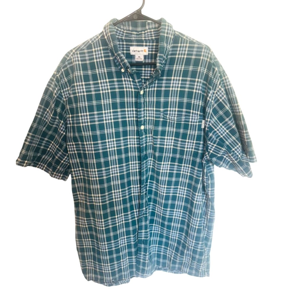 Carhartt Green Plaid Button-Up Short Sleeve Shirt Xl 100% Cotton Western Casual